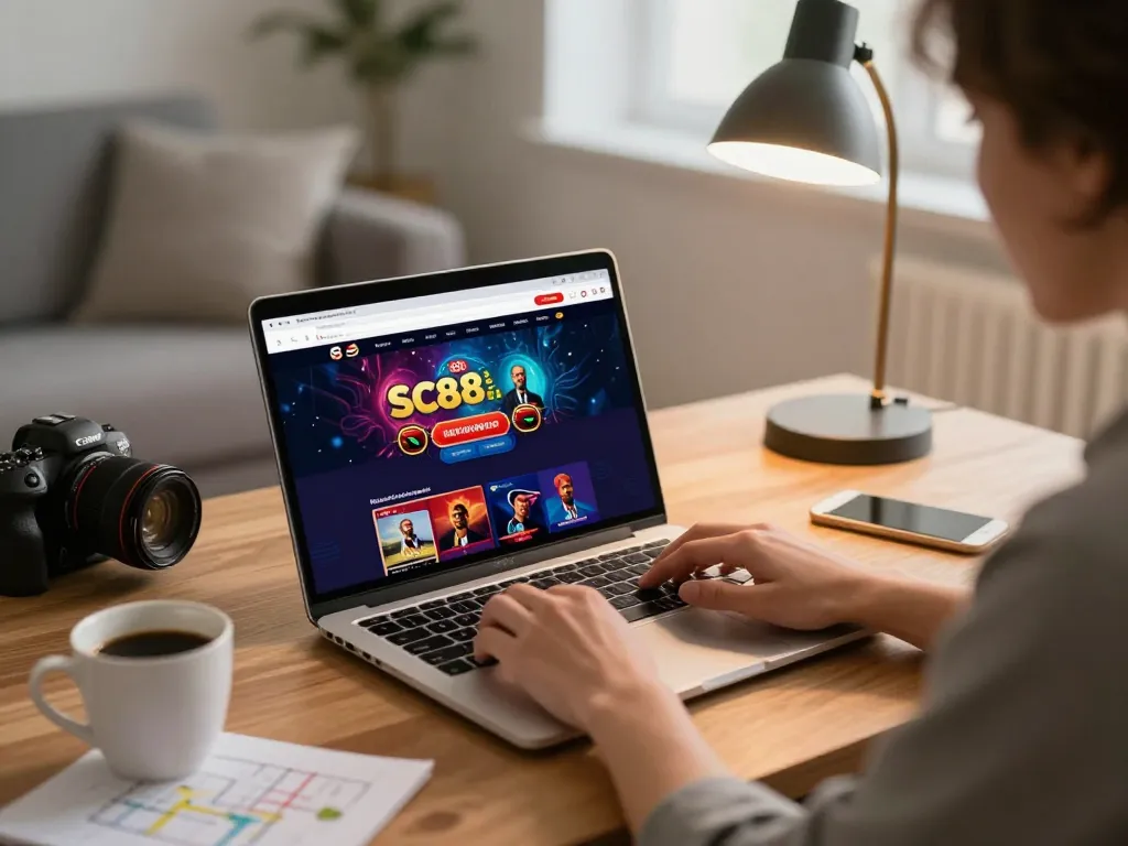 Engaging with SC88 online casino on laptop while enjoying a cozy home setting.