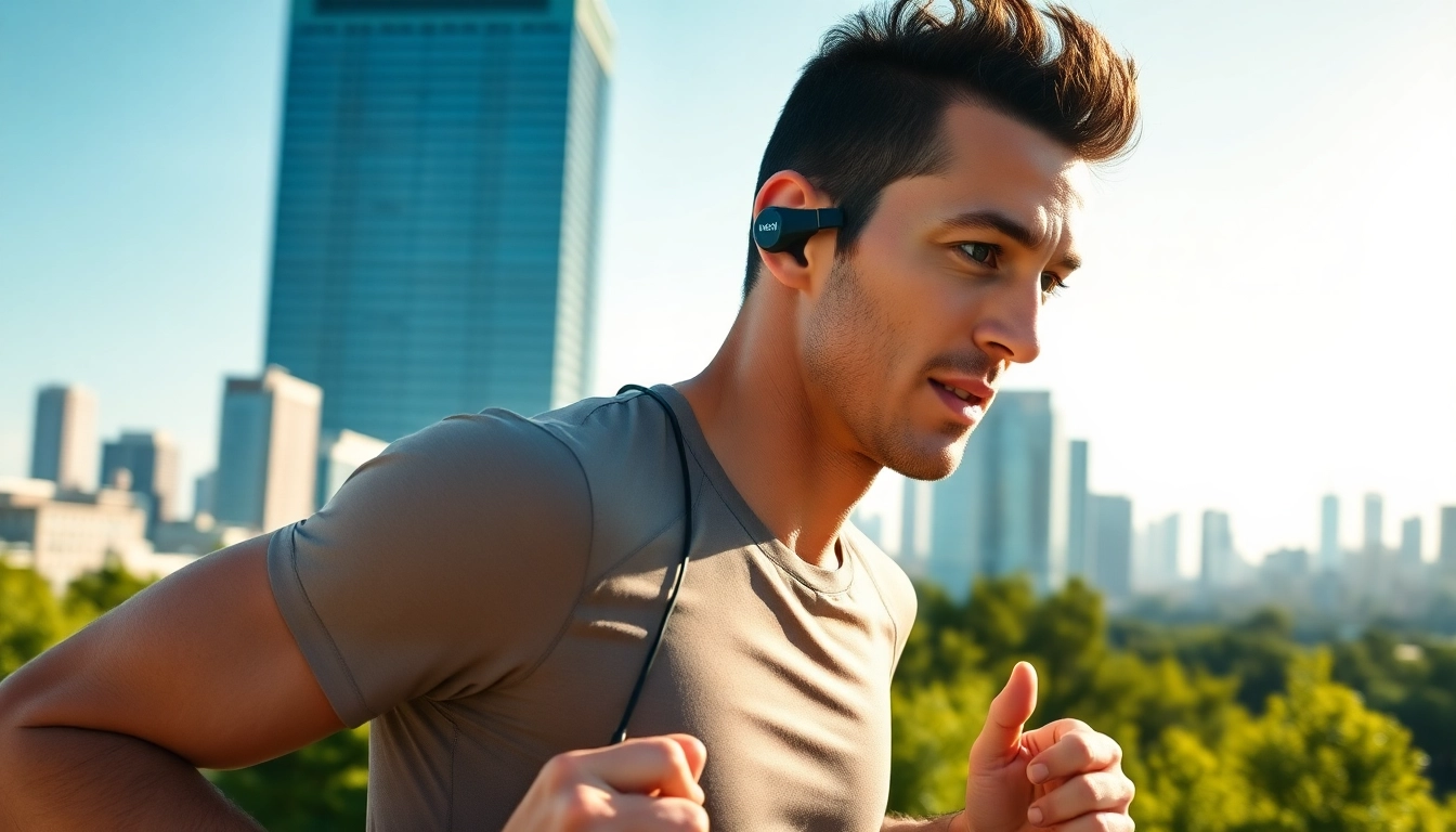 Experience sound clarity with Shokz headphones while running in an urban setting.