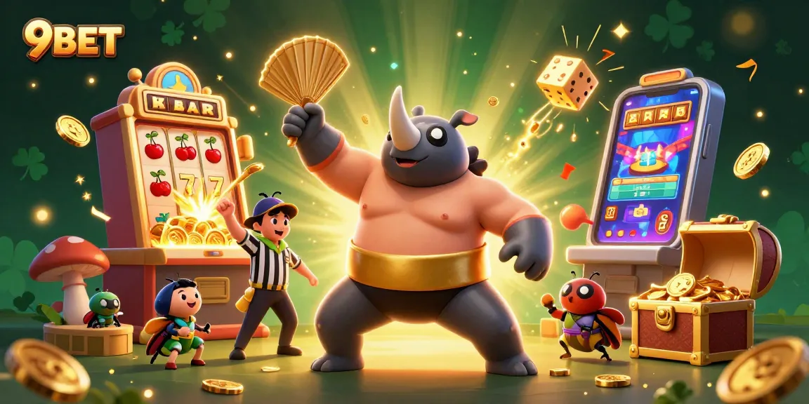 Experience the thrill of winning at 9BET with an exciting 3D illustration featuring vibrant games and unique characters.