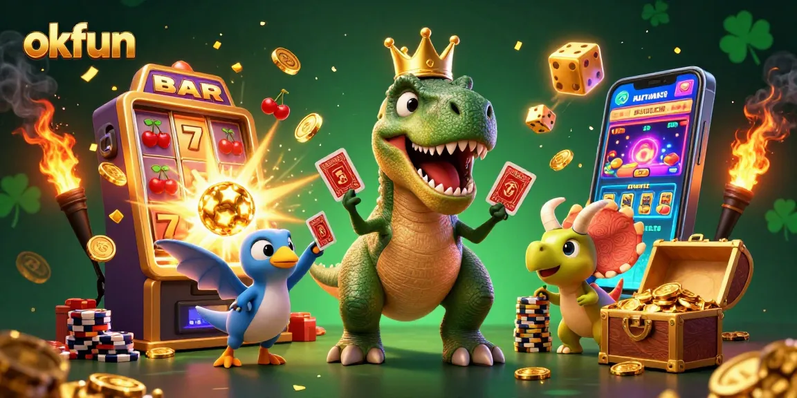 Experience excitement with okfun in a vibrant 3D casino scene featuring T-Rex playing cards and overflowing jackpots.