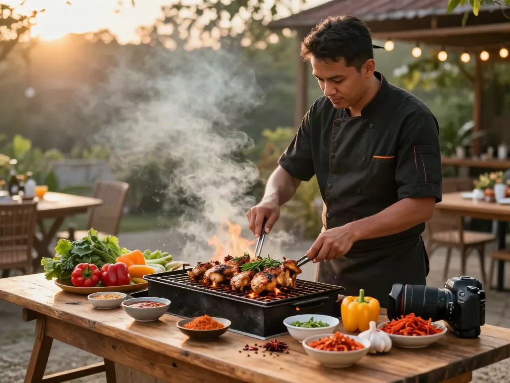 Delicious grilled chicken with sambal rawitan on the grill, showcasing rokok88 login in the culinary experience.