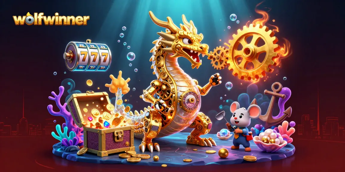 Experience captivating gameplay at wolfwinner with a golden dragon amidst dynamic casino elements and treasures.
