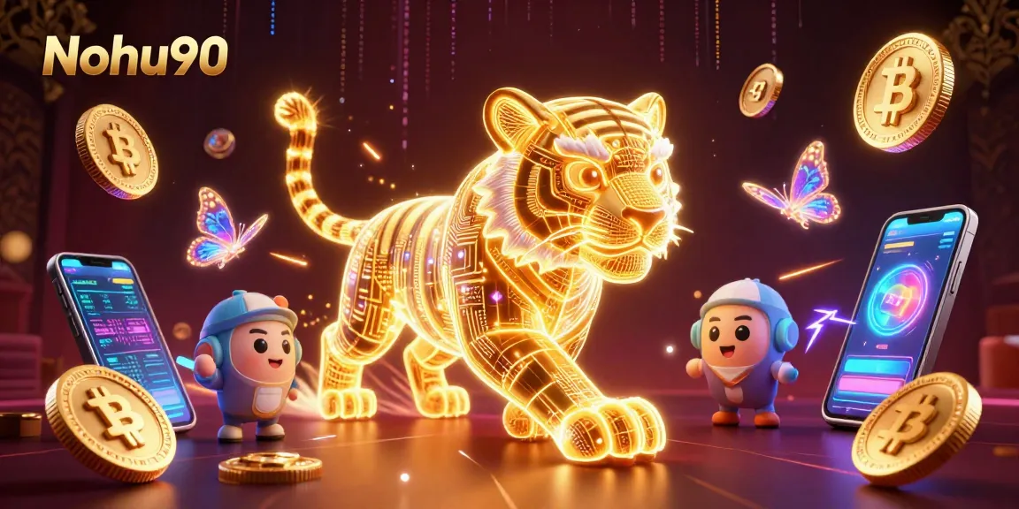 Nohu90 ignites the casino experience with vibrant visuals, showcasing a glowing tiger and crypto elements.