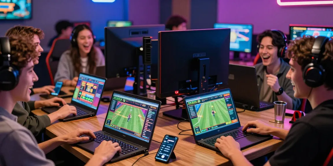 Friends celebrating while playing da88 online gaming platform with vibrant visuals and devices.