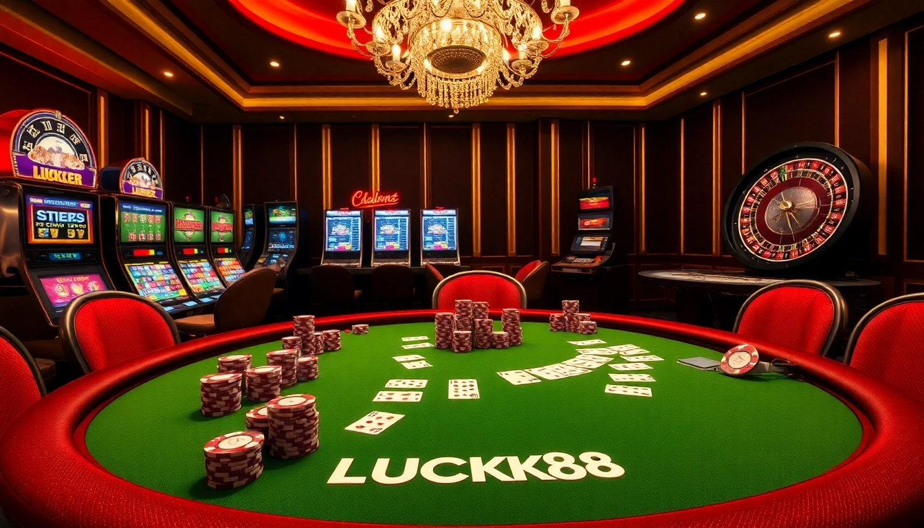 Experience high-stakes poker at the LUCK8 casino, showcasing cards and chips in an opulent setting.