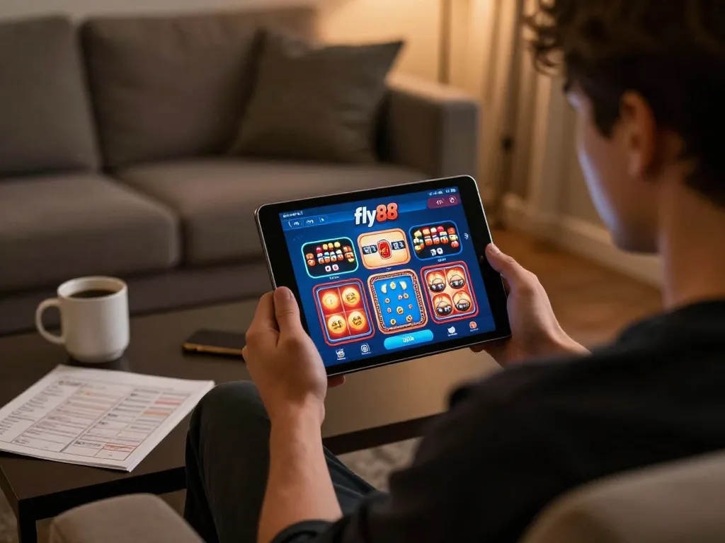 Player using the fly88 free app on a tablet in a cozy living room