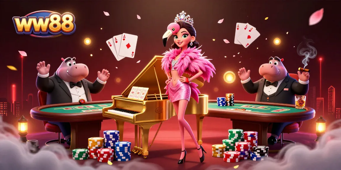 Engage with ww88 at a vibrant casino scene featuring a flamingo singer and hippo bassist.