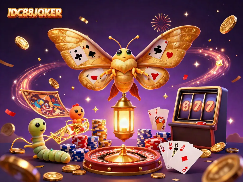 Experience thrilling gameplay at IDC88JOKER with vibrant golden coins and immersive casino scenes.