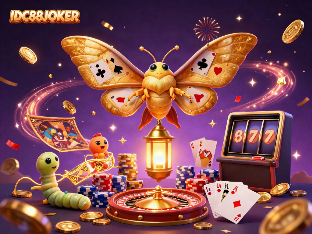 Experience thrilling gameplay at IDC88JOKER with vibrant golden coins and immersive casino scenes.