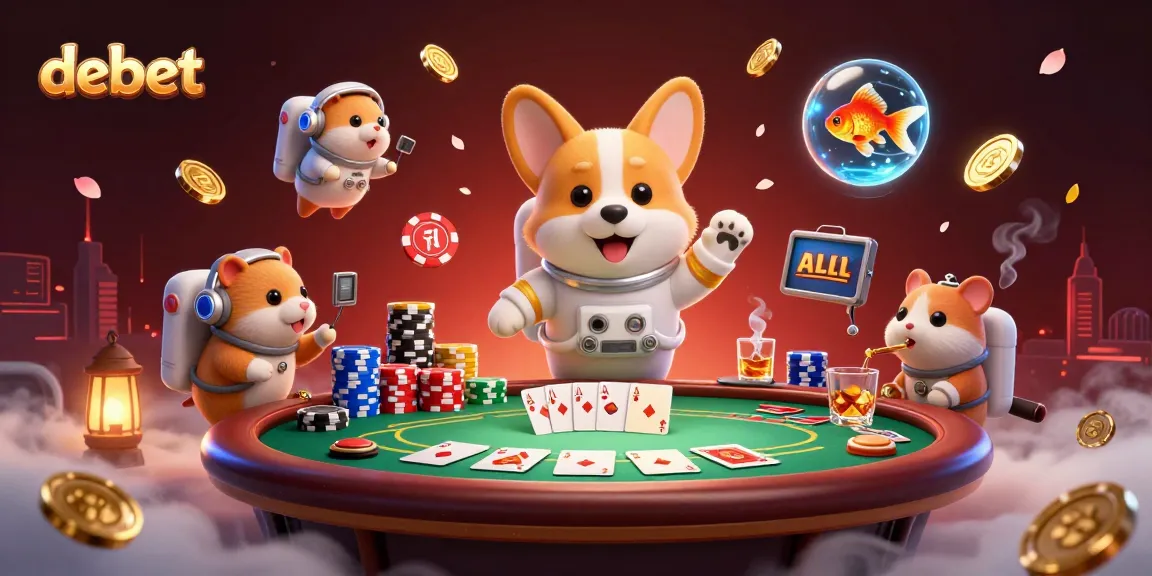 Experience thrilling gameplay in debet casino with a corgi astronaut and vibrant poker elements.