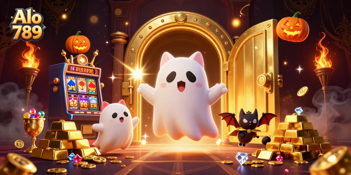 Experience the thrill of Alo 789 as a friendly ghost cat haunts a vibrant casino filled with treasures.
