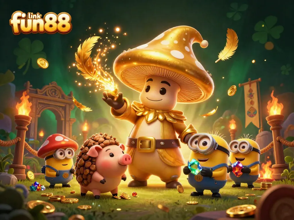 Experience the magic of winning with link fun88, featuring a golden wizard and treasures in a vibrant casino scene.