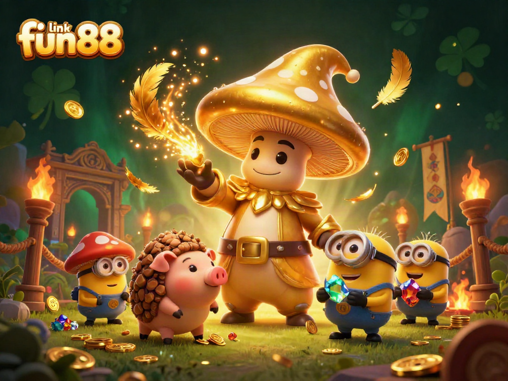 Experience the magic of winning with link fun88, featuring a golden wizard and treasures in a vibrant casino scene.
