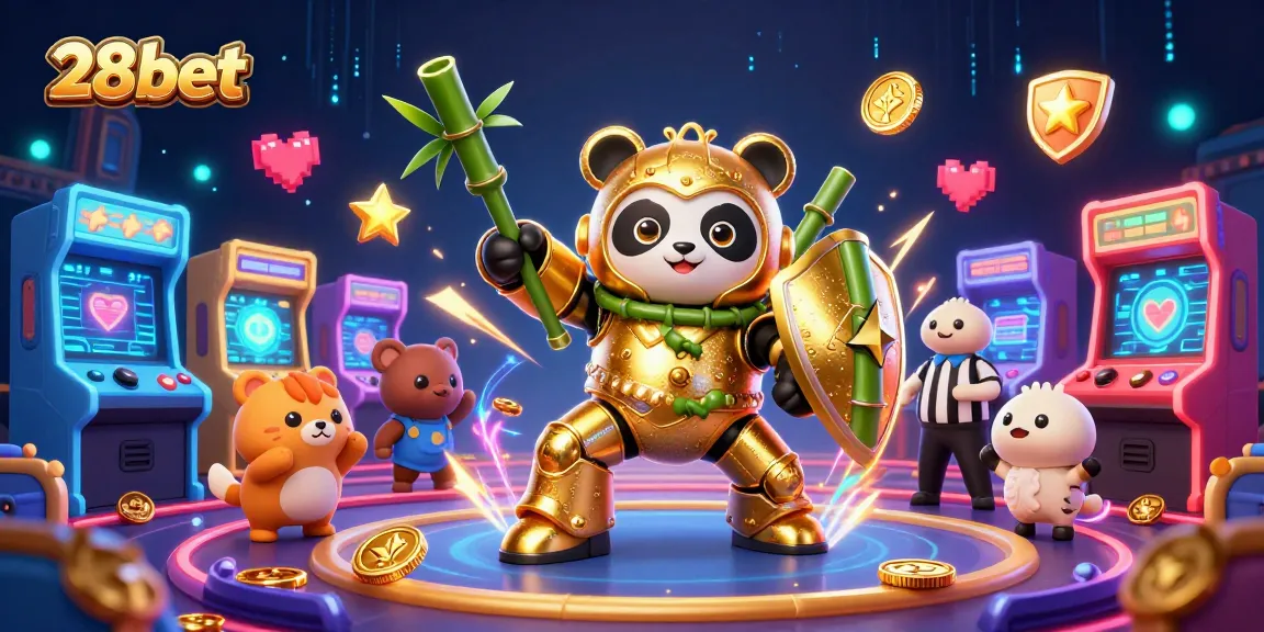 Engage in thrilling action with 28bet's vibrant 3D illustration of an arcade-themed gambling arena.