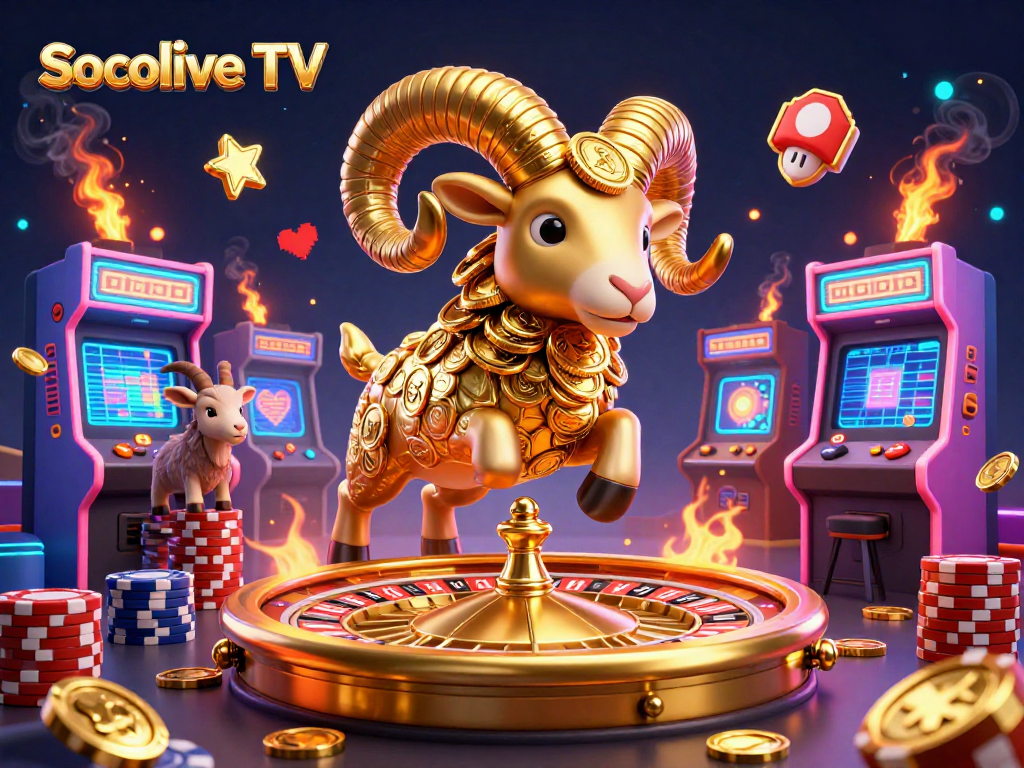 Engage with Socolive TV's exhilarating gaming experience featuring golden ram charging at roulette amidst vibrant arcade elements.