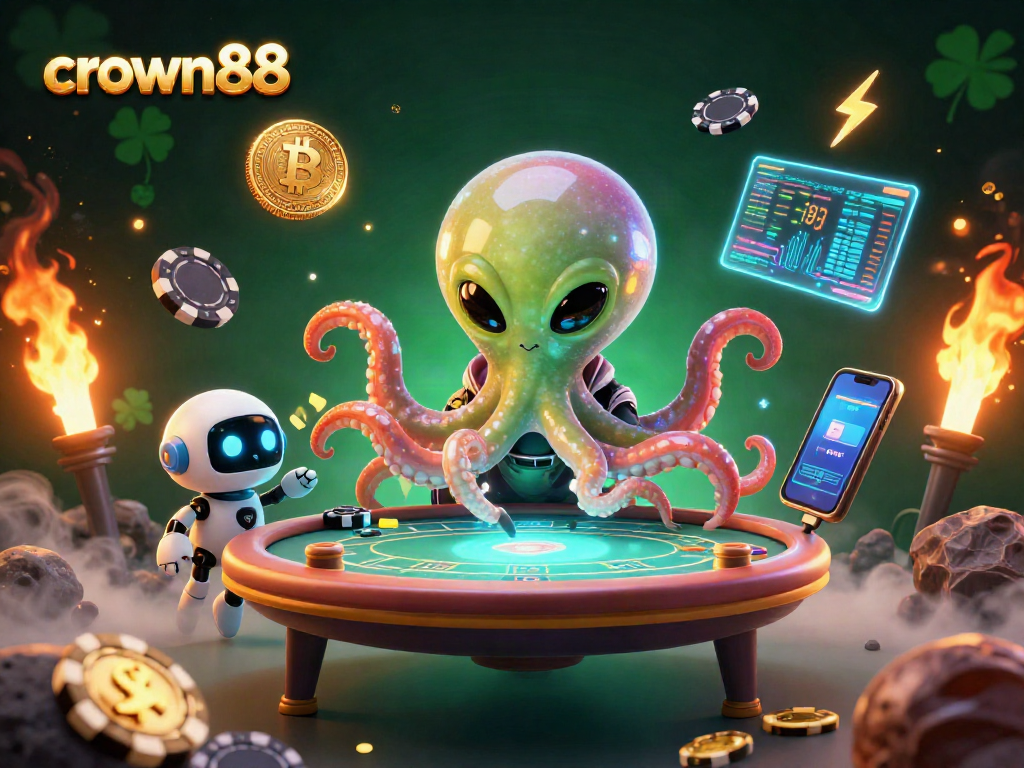 Crown88 showcases an exciting 3D casino scene with an alien octopus operating a poker table and floating blockchain elements.