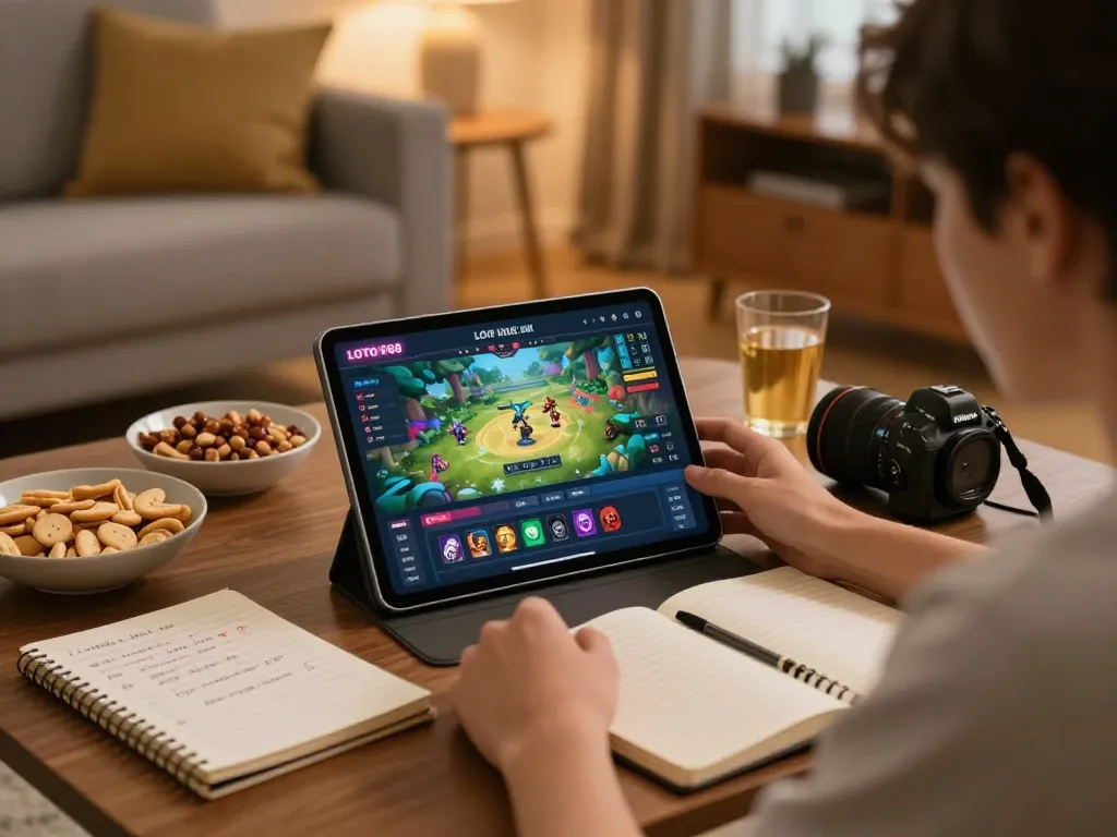 Engaging in LOTO188 TRANG CHỦ with tablet, snack-filled cozy gaming setup.
