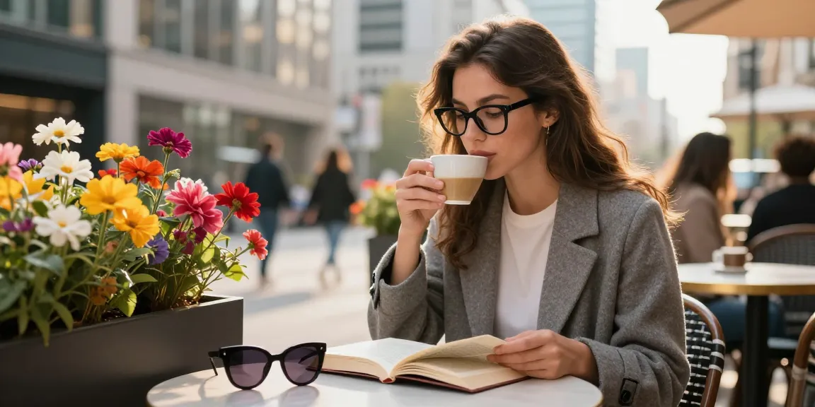Chic young woman with óculos de grau feminino enjoying coffee in an urban café.