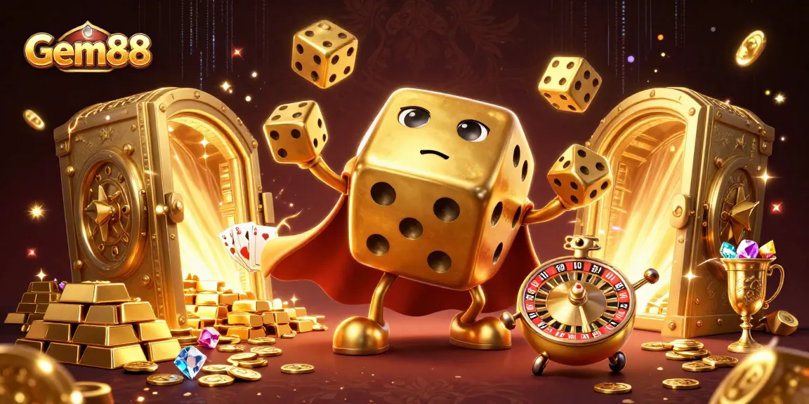 Experience thrilling gaming with Gem88's casino environment richly adorned with golden treasures and vibrant characters.