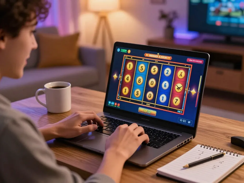 Engaging home gaming scene showcasing link slot gacor action with a player enjoying an online slot game.