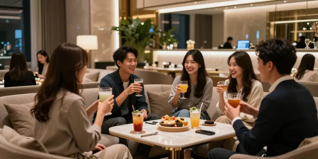 강남구구단 쩜오의 고급스러운 사교 공간에서 친구들이 즐겁게 대화하며 음료를 시음하는 모습입니다.