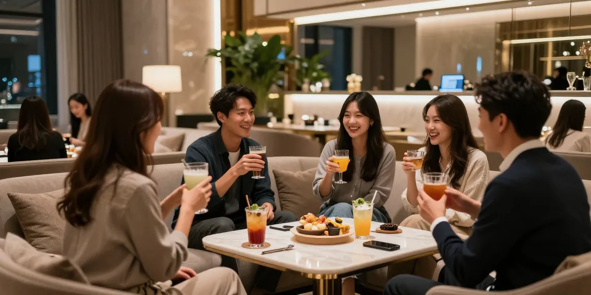 강남구구단 쩜오의 고급스러운 사교 공간에서 친구들이 즐겁게 대화하며 음료를 시음하는 모습입니다.