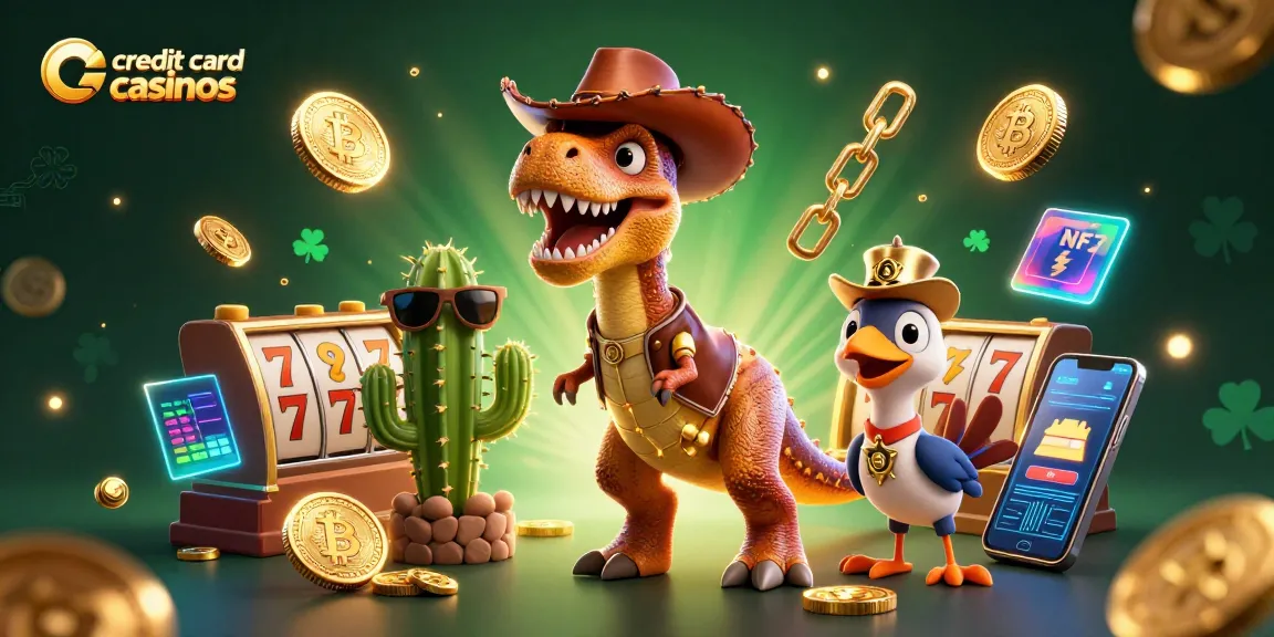 Engage with credit card casinos featuring a vibrant dinosaur scene amidst slot reels and crypto coins.