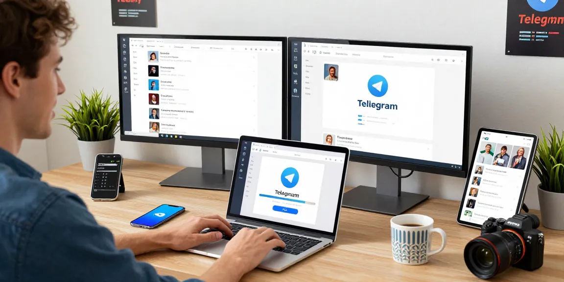 Seamless Telegram download on a laptop in a modern tech workspace.