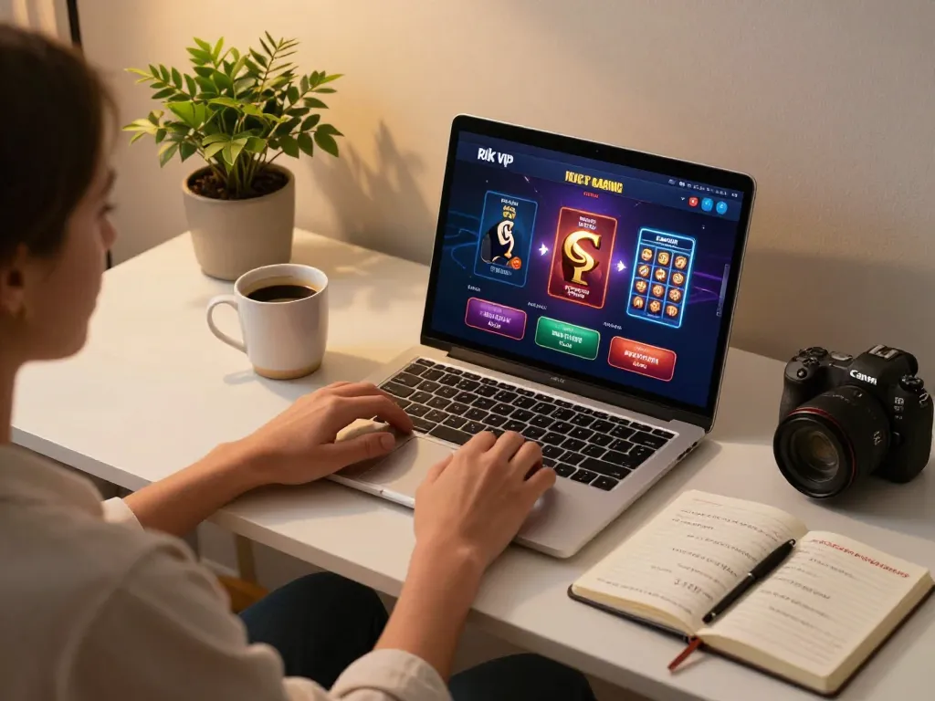 Player engaging with rik vip online casino games on a laptop at a stylish home desk.