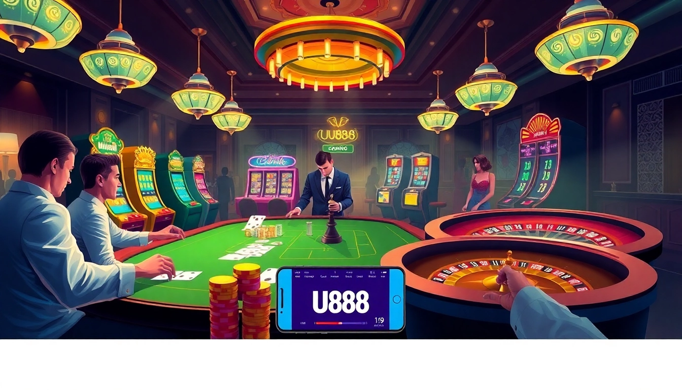 Engaged players at a UU88 poker table amidst a vibrant casino setting with lively slot machines.