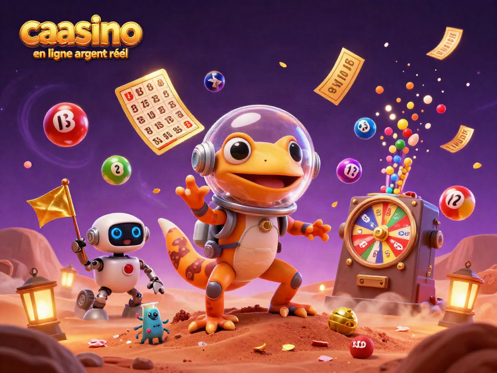 Jouez pour gagner au casino en ligne argent réel avec une illustration dynamique d'un gecko martien et des éléments de jeu