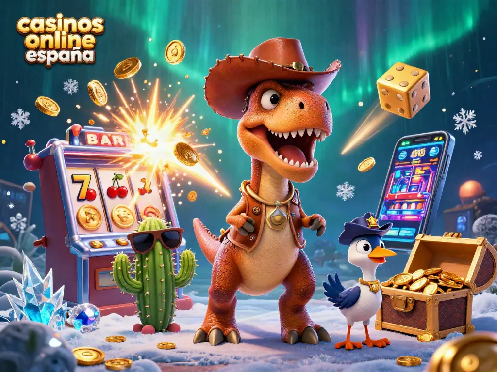 Disfruta de los casinos online España en una divertida escena con un dinosaurio y una máquina tragamonedas.