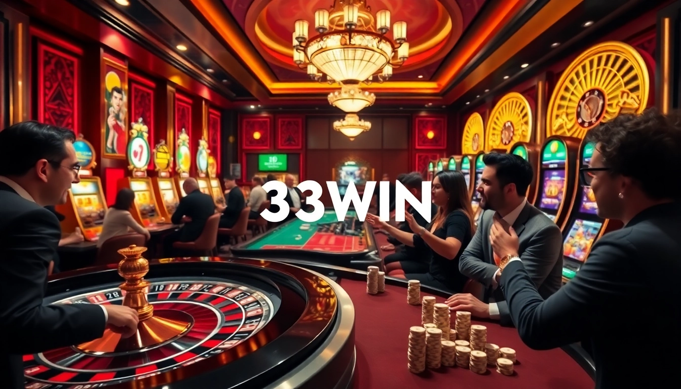 Experience the excitement of gambling at 33WIN with a bustling casino scene and vibrant games.