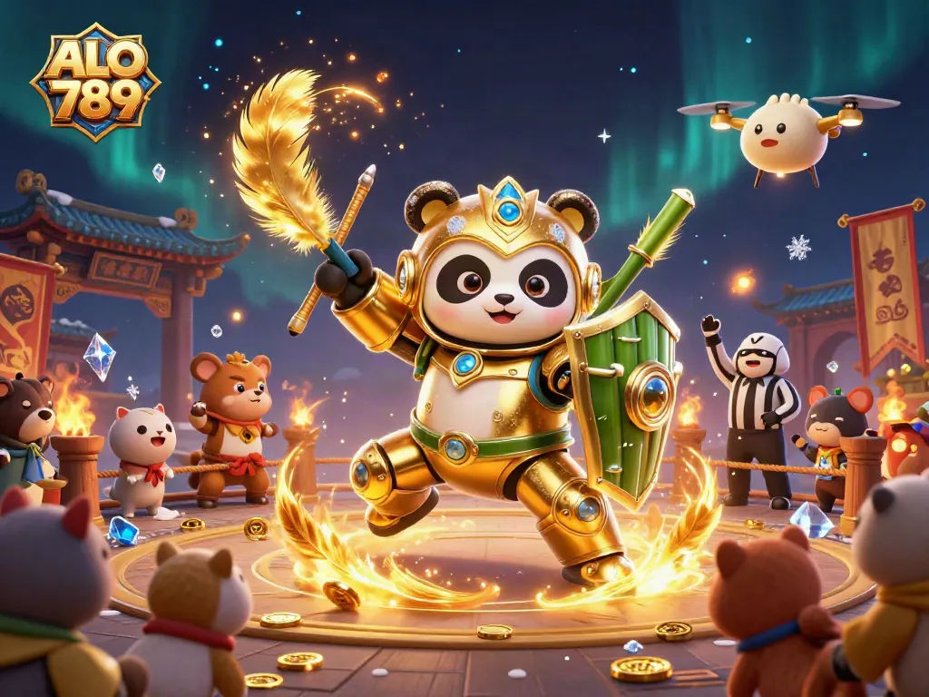 ALO 789 cockfighting arena with animated characters, showcasing dynamic betting action and vibrant visuals.