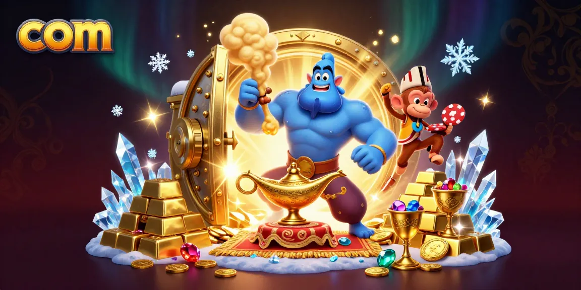 Gamblers explore the magic of com with a vibrant scene featuring a genie, monkey, and poker chips.