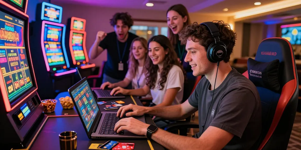 Player enjoying an online game at casinos that accept credit cards, surrounded by colorful slot machines and gaming gear.