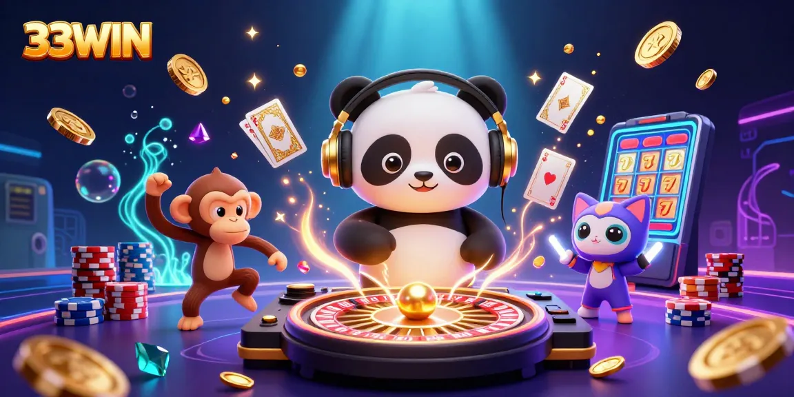 Engage in thrilling gaming at 33WIN with a vibrant illustration of DJ panda, dancing monkey, and kitten.
