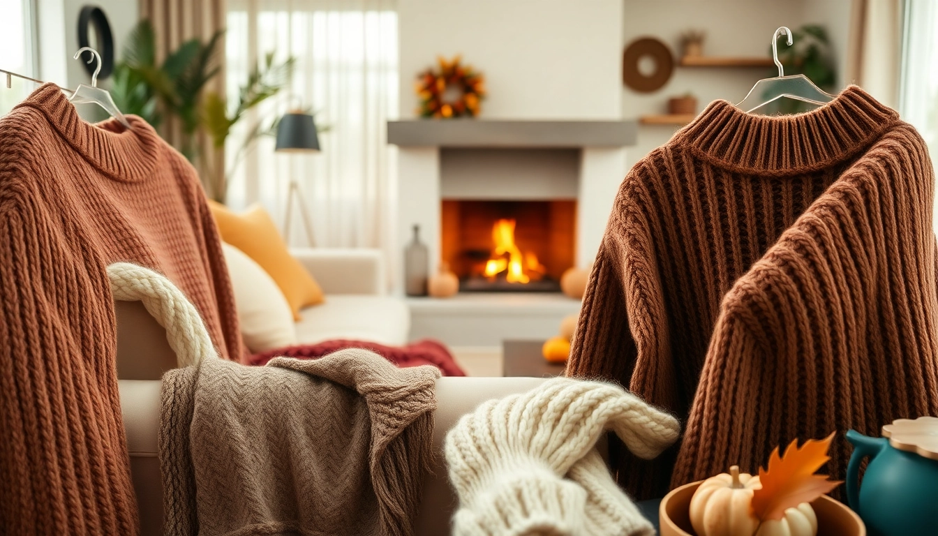 Showcasing stylish sweaters in a cozy living room setting, inviting warmth and comfort.