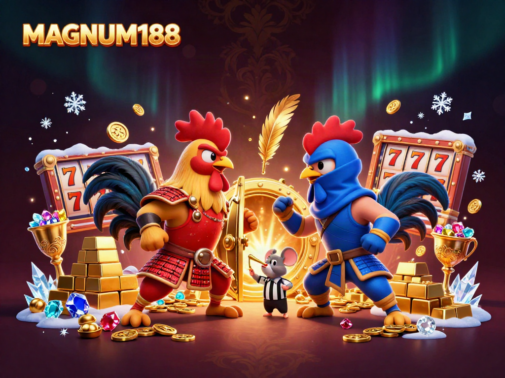Engage with MAGNUM188 as twin roosters clash amid a glimmering casino backdrop of treasures and excitement.