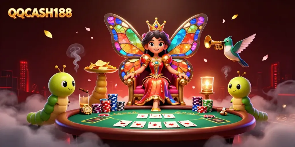 Experience the vibrant world of QQCASH188 casino, with a butterfly queen and dynamic poker elements.