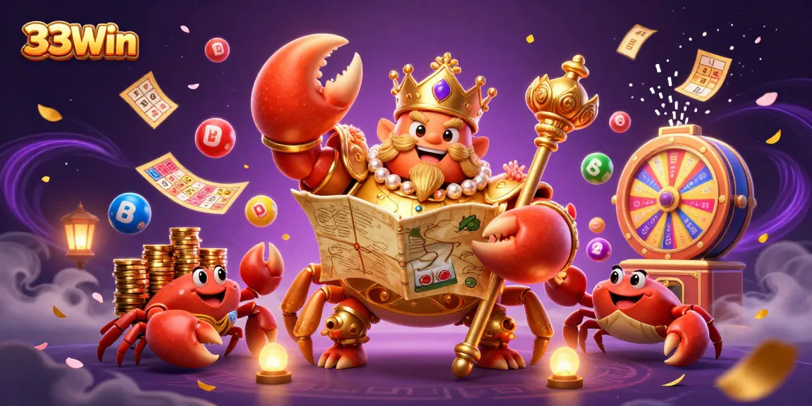 Experience thrilling casino fun with 33Win's vibrant crab emperor and treasure elements.