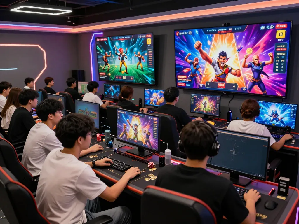 Exciting scene at cổng game cwin with diverse players enjoying vibrant games and cheering for wins.