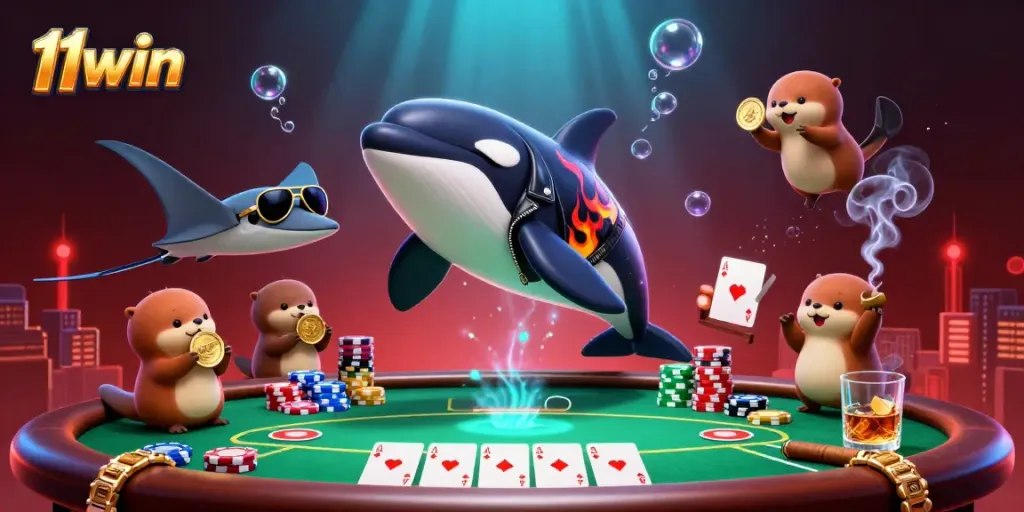 Engage in thrilling gameplay with 11win, featuring a stunning underwater casino scene packed with vibrant characters and poker elements.