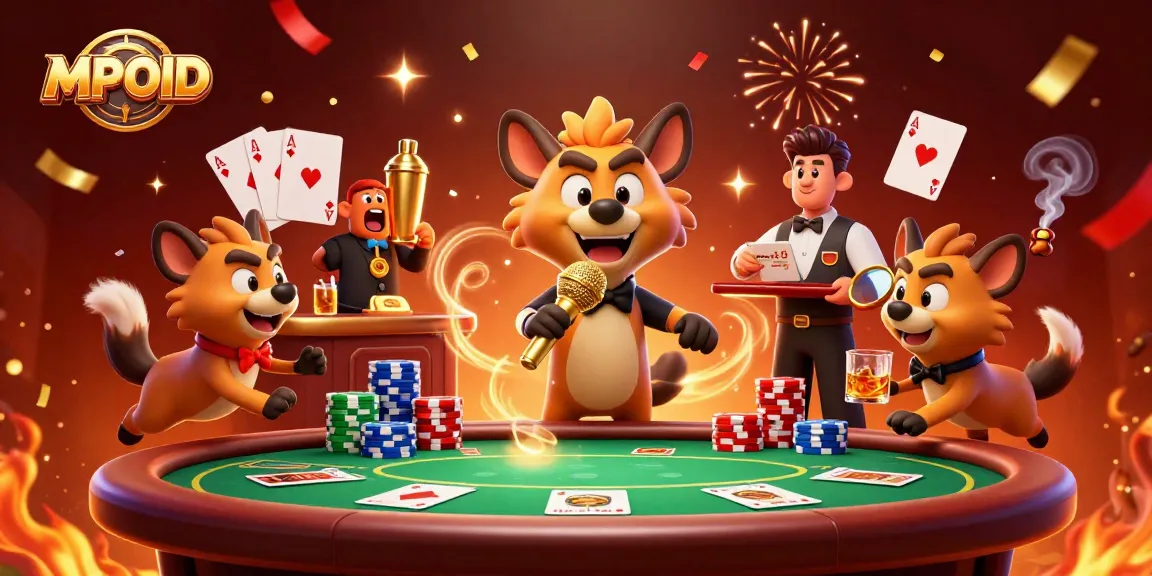 MPOID showcases a vibrant casino scene with hyenas in a lively comedy setup, featuring poker elements and dynamic energy.