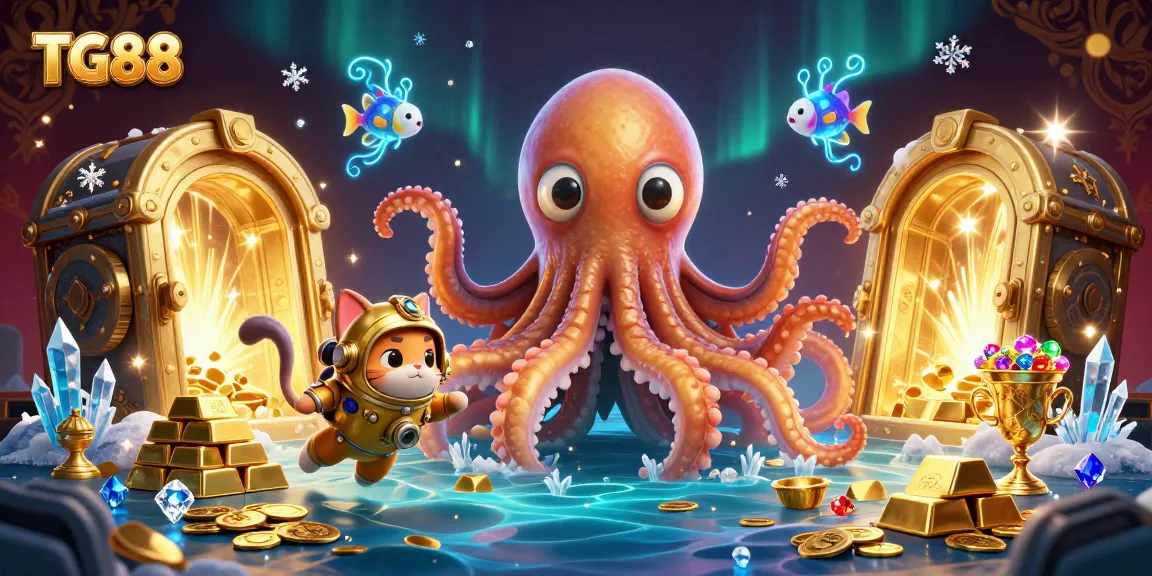 Experience thrilling wins at TG88 with a vibrant illustration of a colossal kraken and diver among riches.
