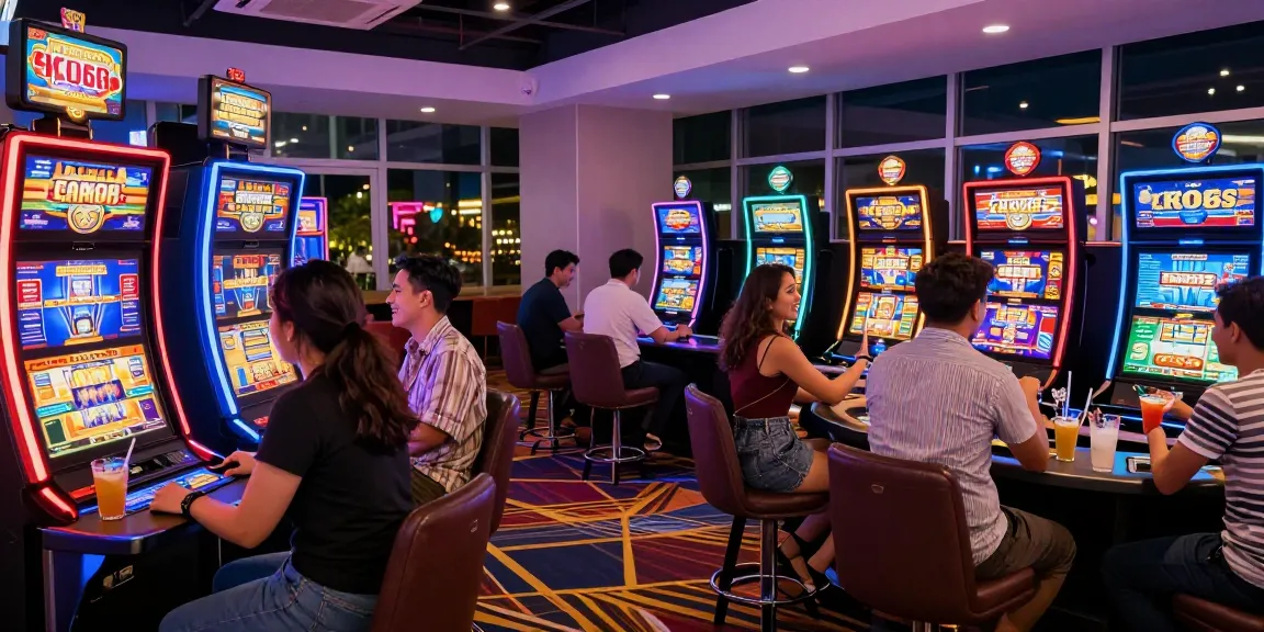 Exciting KO66 casino scene with friends playing slot machines and live tables, vibrant atmosphere.