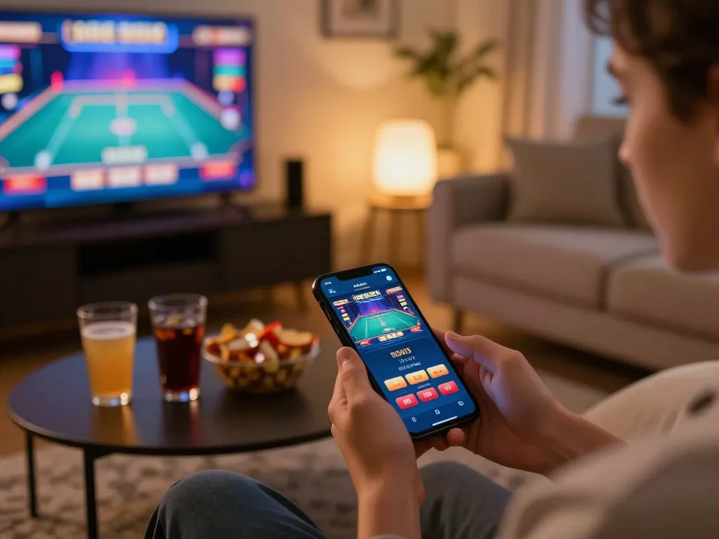 Engaging in online gaming with FA8 8 casino app on smartphone in a cozy living room