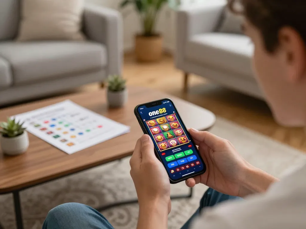 Playing one88 casino app on smartphone while enjoying a cozy home setting