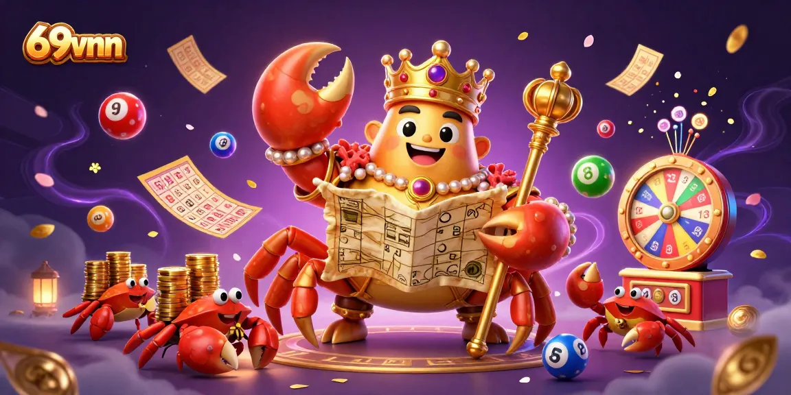 Engage in thrilling lottery and gaming adventures with 69vnn, featuring a majestic golden crab and vibrant dynamic elements.