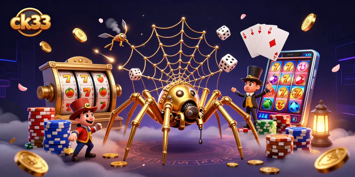 Engage with ck33’s vibrant gaming atmosphere featuring animated slot reels and golden treasures.
